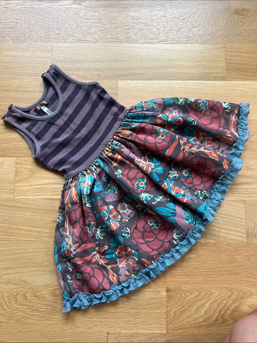 Matilda Jane Purple Striped Bodice Floral Skirt Dress with Teal Trim